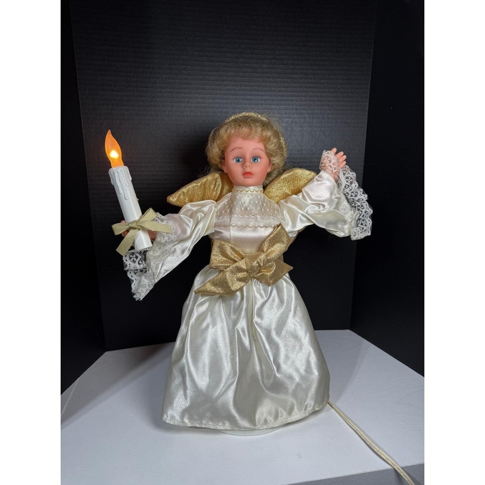 Animated Light Up Angel Doll Candle Gold Halo White Satin Dress Discolorations
